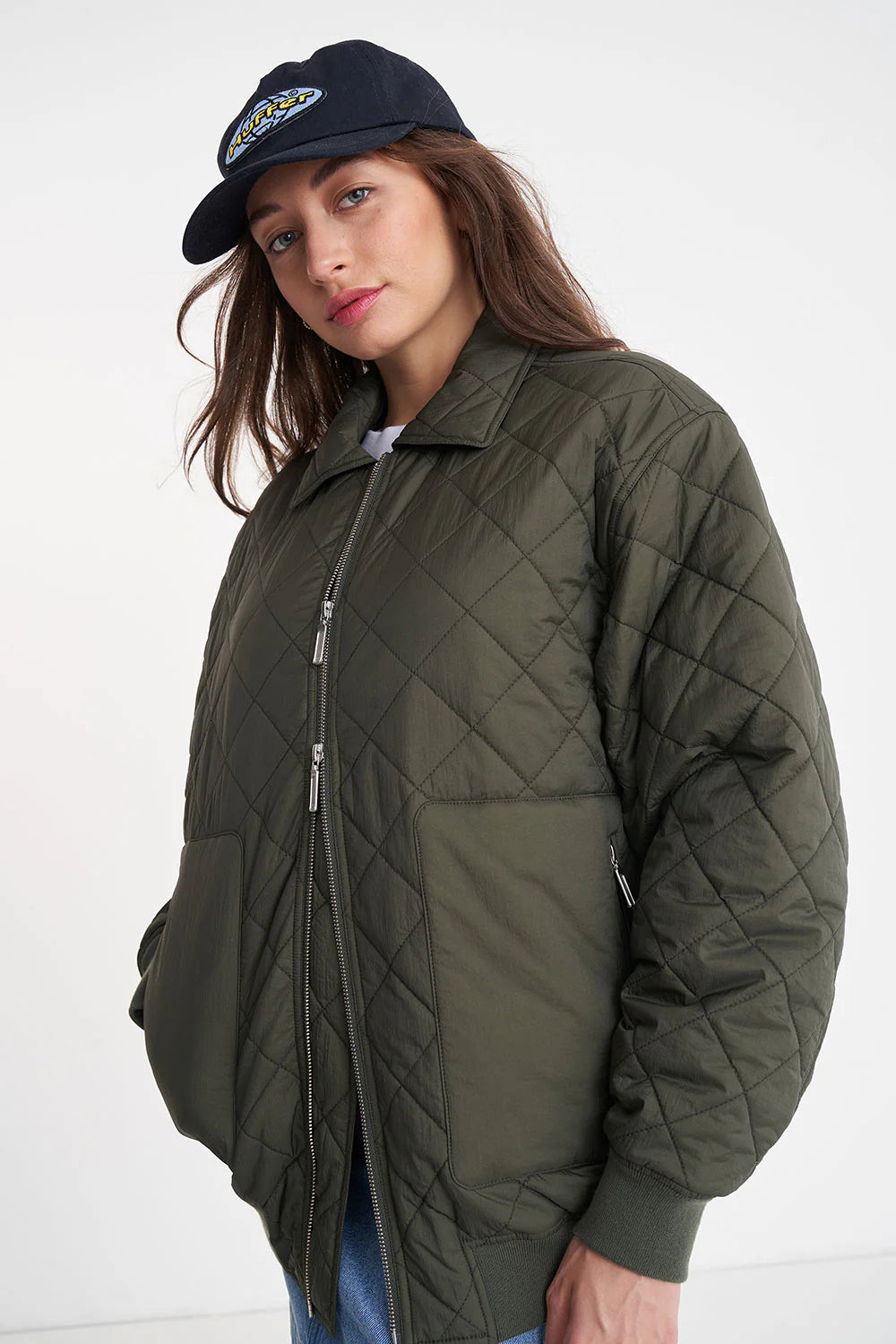 HUFFER - QUILTED LONGLINE BOMBER JACKET - CYPRESS