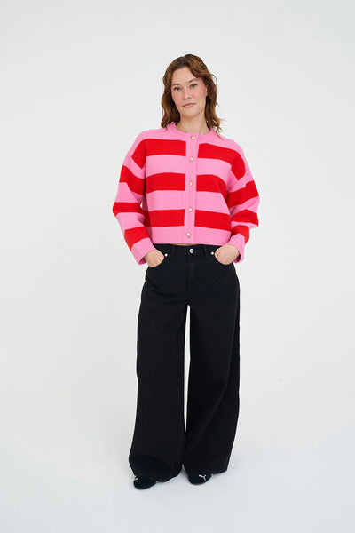 HUFFER - ELLE CROP CARDIGAN - PINK/RED
