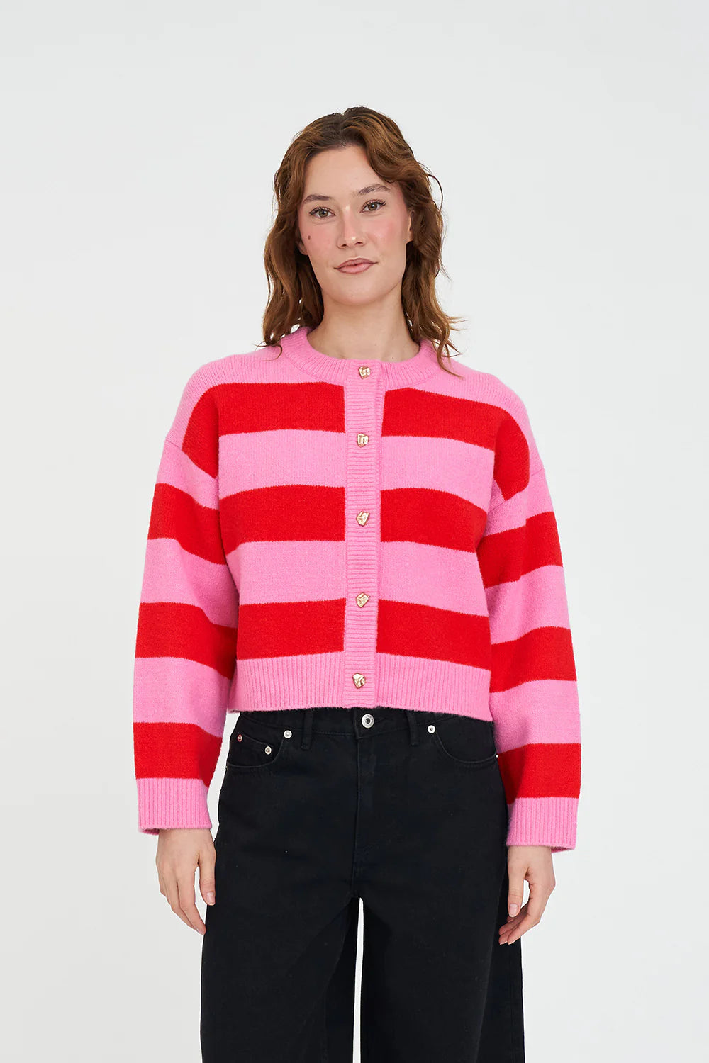 HUFFER - ELLE CROP CARDIGAN - PINK/RED