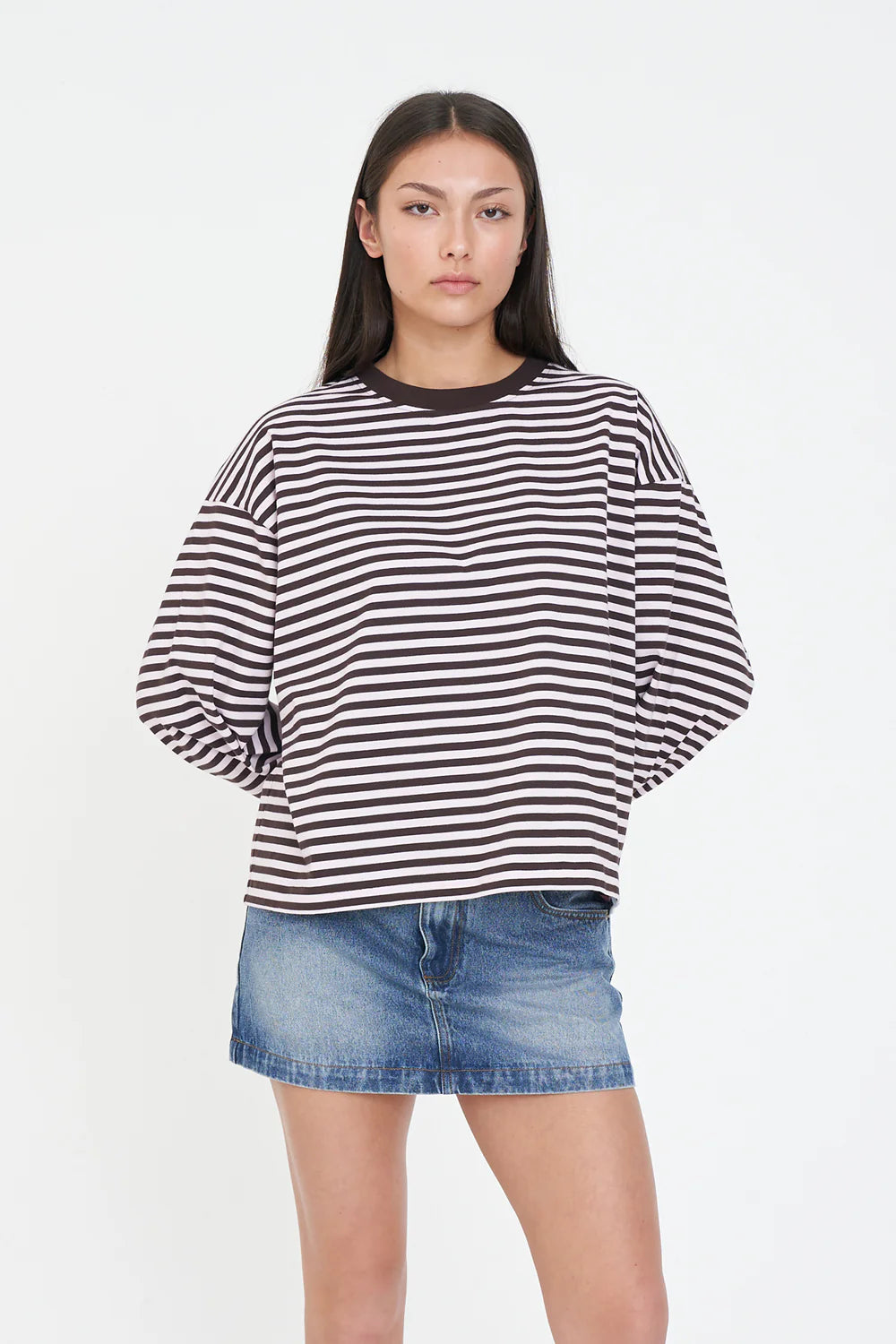 HUFFER ALEX STRIPE BILLIE L/S TEE - PETAL/COCOA