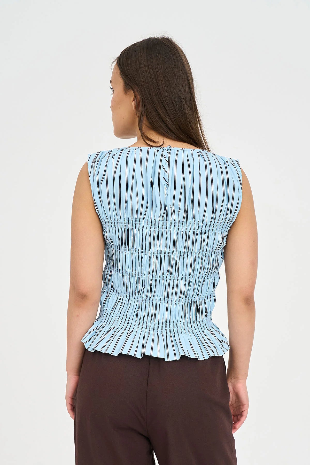 HUFFER STRIPE BRIDGET SHIRRED TOP - BAY BLUE