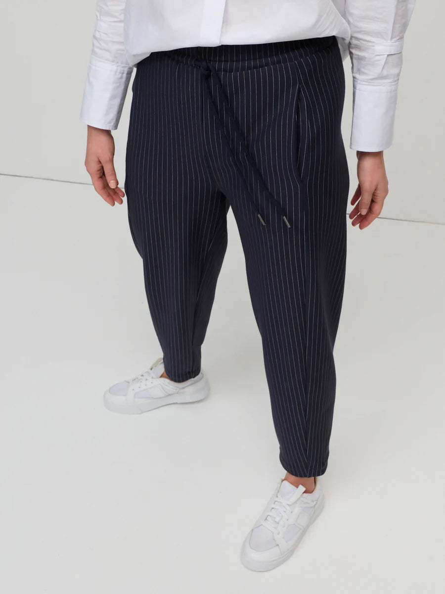 MARCO POLO - PINSTRIPE PONTE BARREL LEG PANT  - NAVY PINSTRIPE