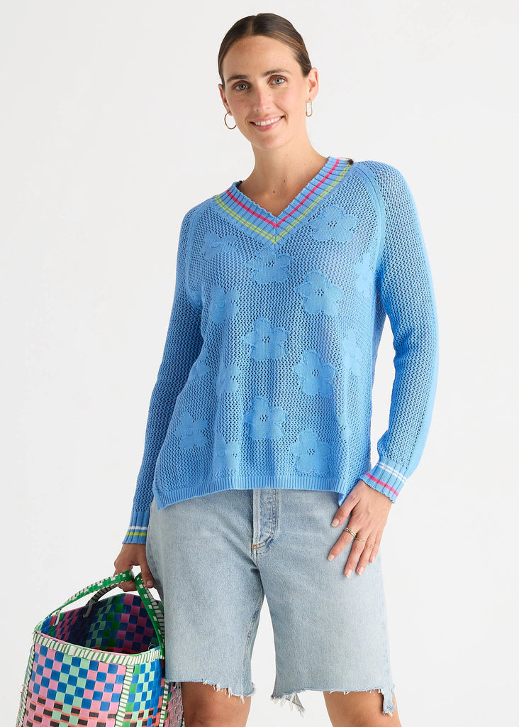 ZAKET & PLOVER - FLORAL POINTELLE VEE - CORNFLOWER