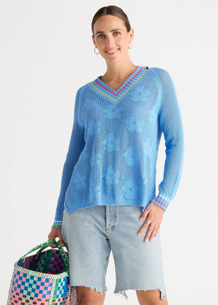 ZAKET & PLOVER - FLORAL POINTELLE VEE - CORNFLOWER