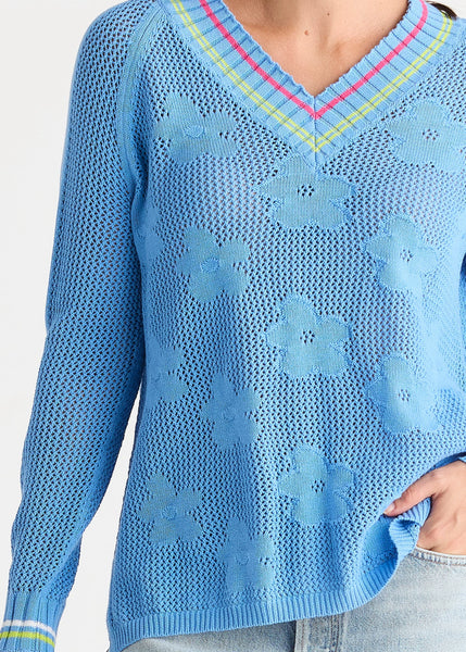 ZAKET & PLOVER - FLORAL POINTELLE VEE - CORNFLOWER