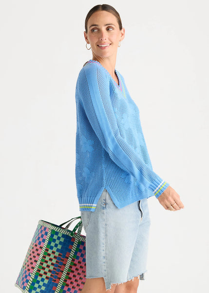 ZAKET & PLOVER - FLORAL POINTELLE VEE - CORNFLOWER