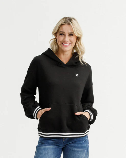 HOMELEE - ELLIOT HOODIE - ALPINE WEIGHT - BLACK w SILVER X / STRIPED CUFFS