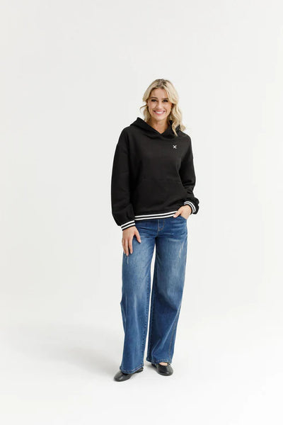 HOMELEE - ELLIOT HOODIE - ALPINE WEIGHT - BLACK w SILVER X / STRIPED CUFFS