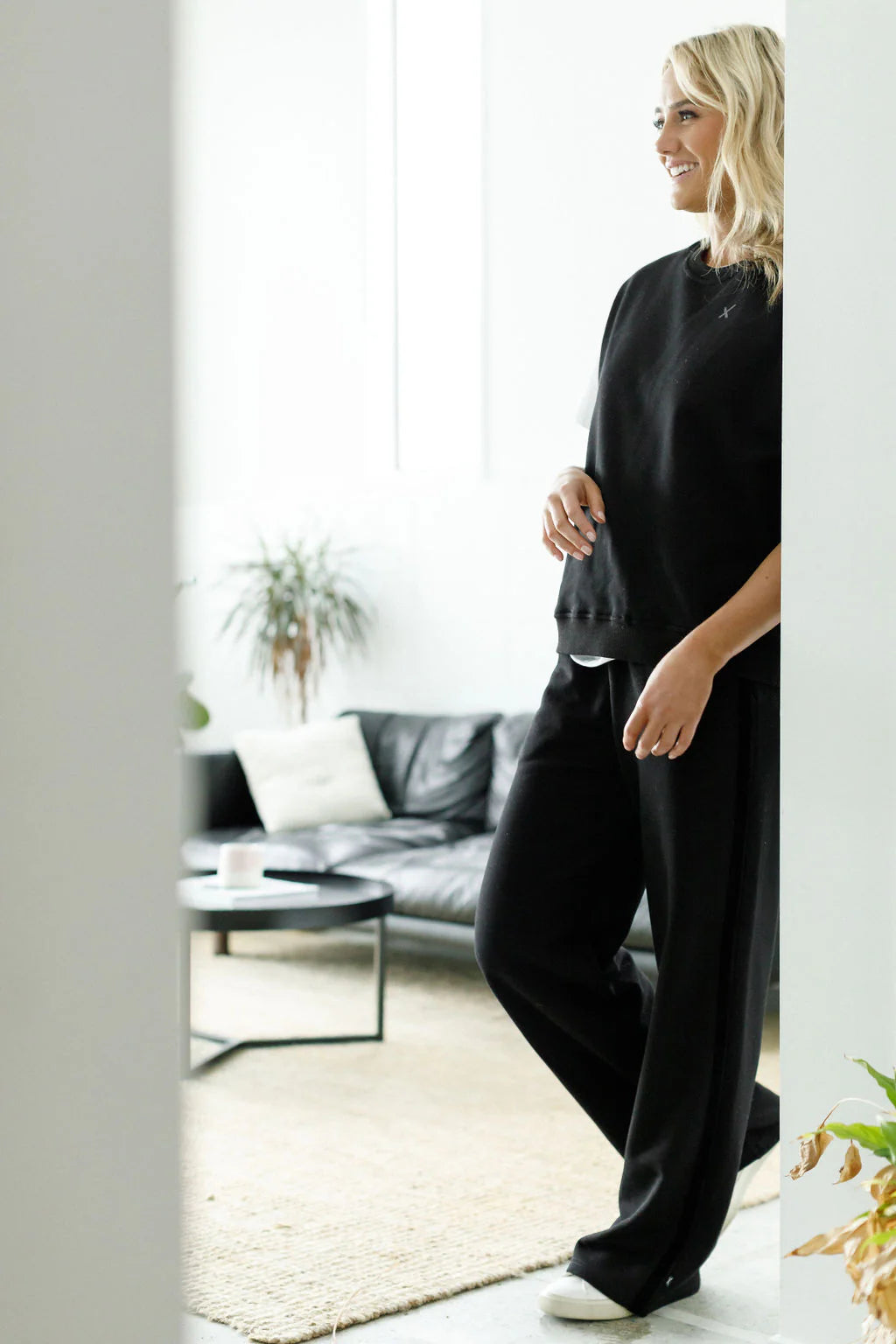 Homelee  ALPINE PALAZZO PANTS - BLACK w BLACK VELVET RIBBON